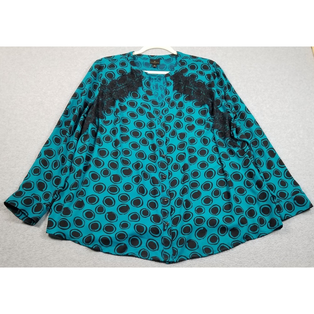 Worthington Blouse Women 1X Plus Teal Black Polka Dot Lace Trim Pleated Back Top
